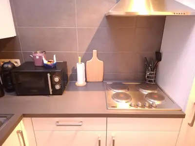 a small kitchen with a stove and a microwave at Cocon Liégeois in Liège