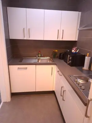 a kitchen with white cabinets and a sink at Cocon Liégeois in Liège