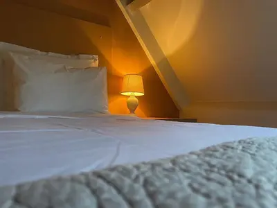 a bedroom with a bed with a lamp next to it at B&B De Zandput in Balen