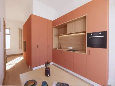 a large kitchen with wooden cabinets and a stove at Attractive apartment in Bree for 2 guests in Bree