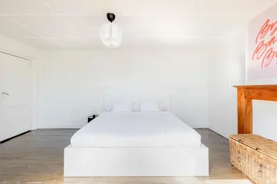 a white bedroom with a white bed and a fireplace at L'appartement Casquette in Liège