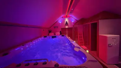 a bathroom with a large tub with purple lighting at L'Améthyste in Crisnée
