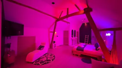 a pink room with two beds and a tv at L'Améthyste in Crisnée