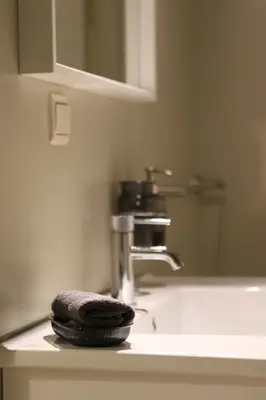 a bathroom sink with a towel on the counter at Casa Verde in Maasmechelen