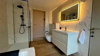 a bathroom with a sink and a shower and a toilet at Chez Margueritte, Cosy, Jacuzzi & Parking Facile in Liège