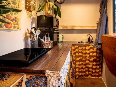 a kitchen with a counter top with a microwave at Boshuisje Rekem - Tanuki in Lanaken