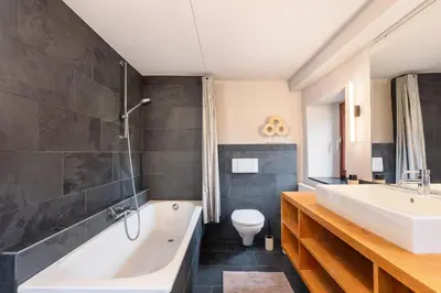 a bathroom with a tub and a toilet and a sink at Zum Alten Kuhstall - Südgarten & Terrasse - Großes Landhaus mit Sauna in Lontzen
