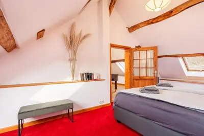 a bedroom with a bed and a red carpet at Zum Alten Kuhstall - Südgarten & Terrasse - Großes Landhaus mit Sauna in Lontzen