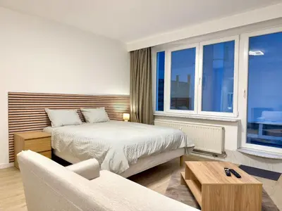 a bedroom with a bed and a couch and windows at Studio moderne au coeur du quartier Saint Adalbert in Liège