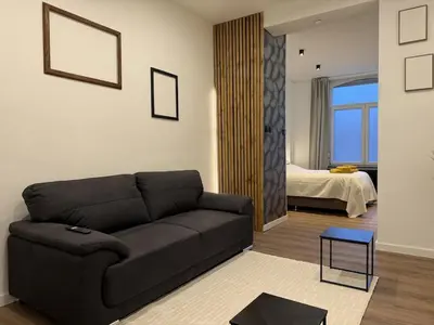 a living room with a couch and a bedroom at Suite Luxueuse avec jaccuzi sans vis-à-vis in Liège