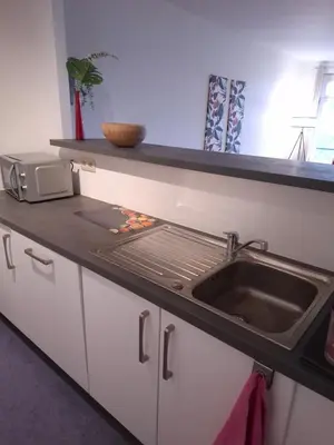 a kitchen with a sink and a counter top at L'Horizon Saint-Lambert in Liège
