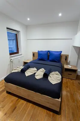 a bedroom with a large bed with blue pillows at Le Nid in Liège