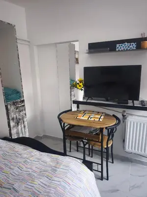 a room with a table and a tv and a bed at Modern lux studio B in Beringen
