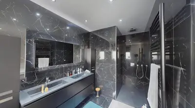 a black bathroom with a shower and a sink at Home cinema in Liège
