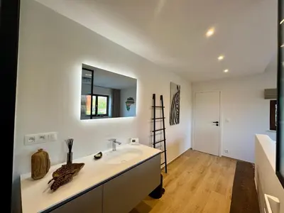 a bathroom with a sink and a mirror at Au refuge des 3 pommes in Blégny