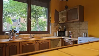a kitchen with a sink and a microwave at Charlemagne house in Liège