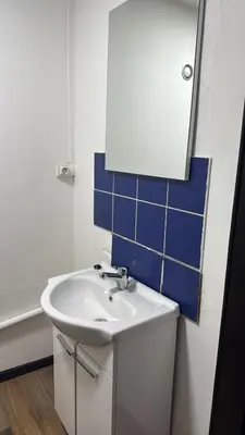 a bathroom with a white sink and a mirror at Bayards 41 in Liège