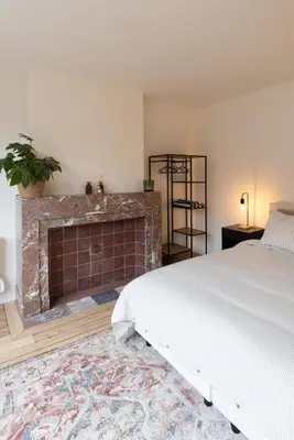 a bedroom with a bed and a brick fireplace at Theodore Schwann - duplex centre de Liège in Liège