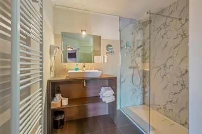 a bathroom with a sink and a shower at Hotel Brasserie de Klok in Zutendaal