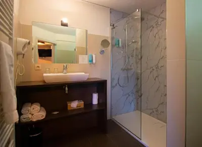 a bathroom with a sink and a shower at Hotel Brasserie de Klok in Zutendaal