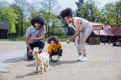 two adults and a child looking at a small dog at Center Parcs Apartments Erperheide in Peer