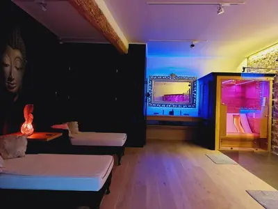 a living room with two beds and a tv at Le Trèfle in Plombières