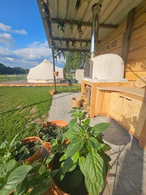 a garden with a stove and some plants and a tent at Glamping met paarden in Nieuwerkerken