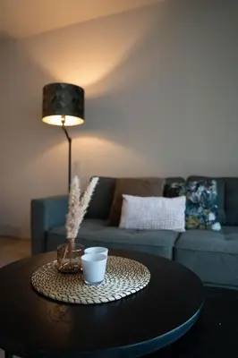 a coffee table in a living room with a couch at Camping Natuurlijk Limburg - Studio 1 in Voeren