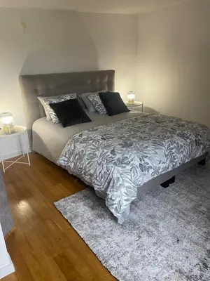 a bedroom with a large bed with a gray comforter at Le Havre de paix in Oupeye