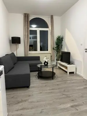 a living room with a couch and a tv at 1 Chambre et Sofa Bed en plein cœur de Liege in Liège