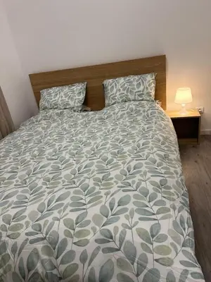a bedroom with a bed with a green and white comforter at 1 Chambre et Sofa Bed en plein cœur de Liege in Liège