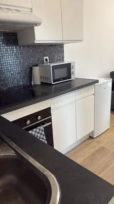 a kitchen with a counter top with a microwave at Appartement fraîchement rénové de 1 chambre et Sofa Bed en plein Cœur de Liege in Liège