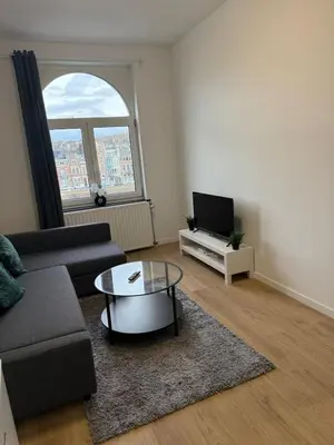 a living room with a couch and a coffee table at Appartement fraîchement rénové de 1 chambre et Sofa Bed en plein Cœur de Liege in Liège