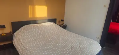 a bedroom with a bed with a white comforter at Appartement 2 chambre Liege in Liège