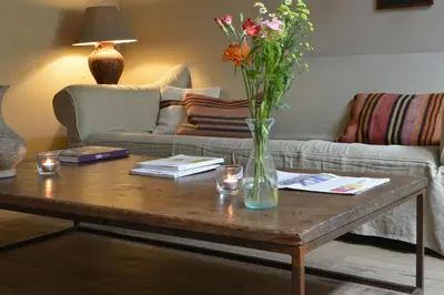 a vase of flowers on a coffee table in a living room at Boetiekhotel Hemelhuys in Hasselt
