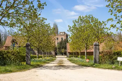 a dirt road in front of a building with trees and flowers at B&B Kasteelhoeve de Kerckhem in Wijer