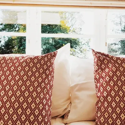 two pillows sitting on a couch in front of a window at Vakantiewoning Guesthouse MOMO in Dilsen-Stokkem