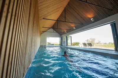 a person swimming in a swimming pool in a house at côté verger B&B in Battice