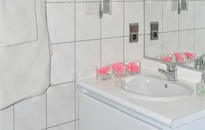 a white bathroom with a sink and pink roses at Holiday Home Kinrooi I in Kinrooi