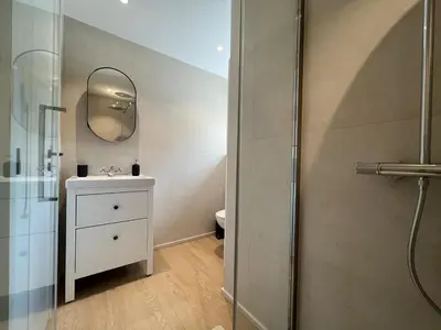a bathroom with a sink and a shower with a mirror at Maison Léon in Bilstain