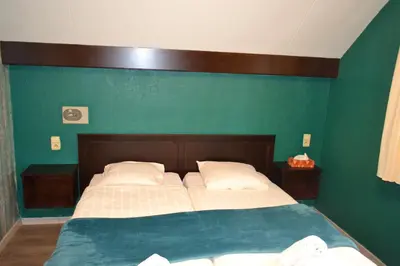 a bedroom with a large bed with a green wall at Hotel Plaza in Lommel