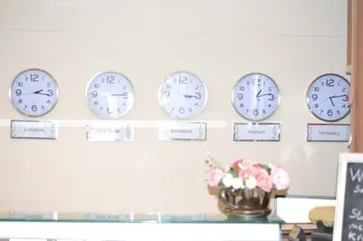 a row of clocks on the wall in a room at Hotel Plaza in Lommel