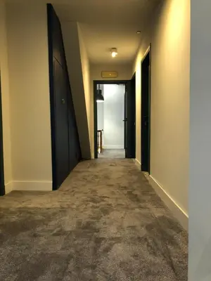 an empty hallway with black doors and carpet at Hotel Le Cygne d'Argent in Liège