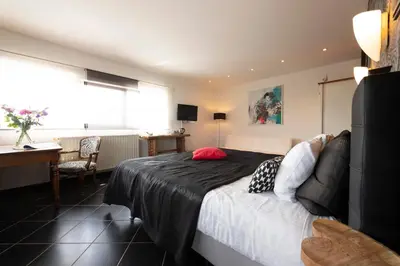 a bedroom with a bed and a desk and a window at B&B Montenakerhof in Riemst