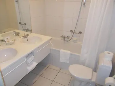 a bathroom with a sink and a toilet and a shower at Hotel Limburgia in Kanne
