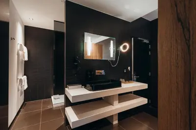 a bathroom with a sink and a mirror at Carbon Hotel in Genk