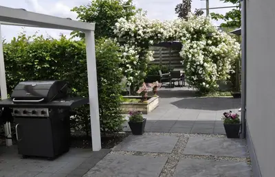 an outdoor patio with a grill and white flowers at B&B De Edelsteen in Zutendaal