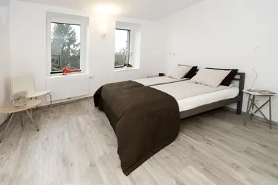 a bedroom with a large bed and two windows at Xperience-Today Eupen in Eupen