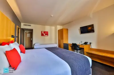 a hotel room with a large bed with red pillows at Hotel De La Couronne Liege in Liège