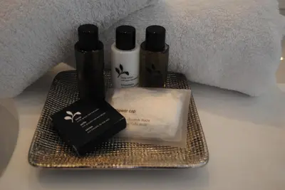 a metal tray with two bottles of soap and a towel at B&B Elegance Hamont in Hamont-Achel